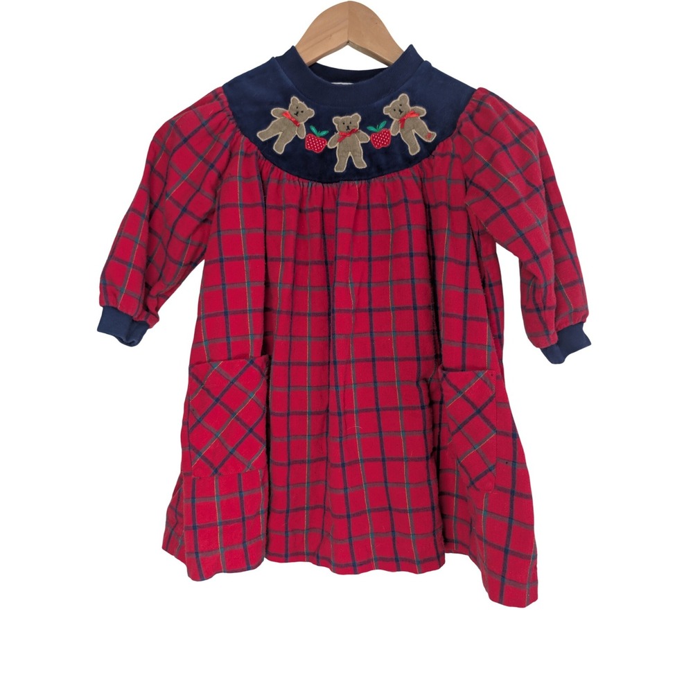 Vintage 90s Rebecca Raggs Original Bear Strawberry Plaid Dress Size 5 USA Made
